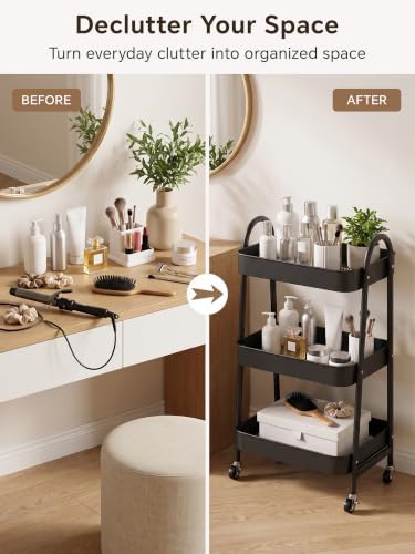 Booklov Rolling Makeup Cart Organizer, 3 Tier Utility Storage Cart, Black