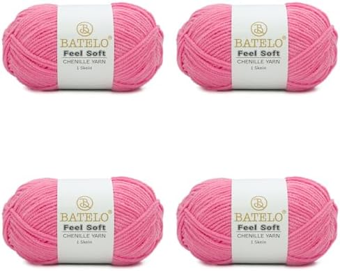Thin Chenille Yarn for Crocheting & Knitting, Soft Plush Yarn for DIY Crafts, Amigurumi, Home Decor - 3 Light - 4 Pack of 1.7oz/142yds - Pink