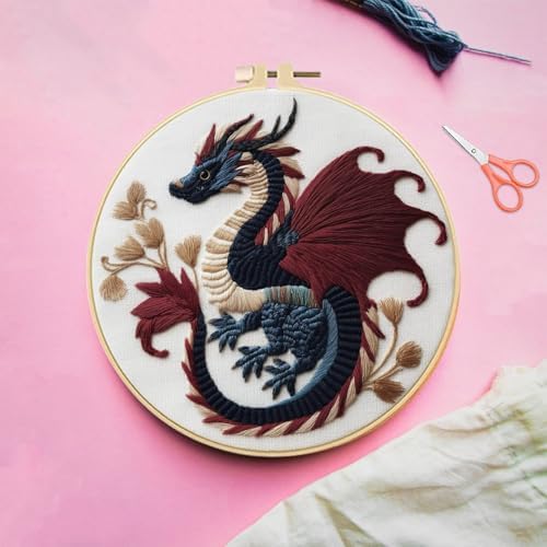 FREEBLOSS 4 Sets 11.6" Embroidery Kit for Beginners Dragon Stamped Patterns