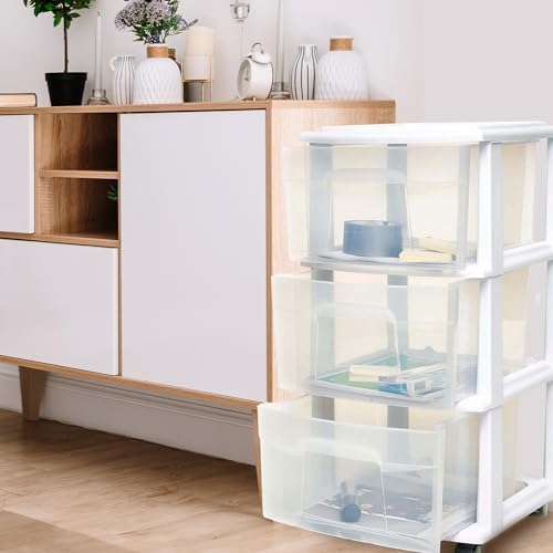 HOMZ Drawer Tower 3-Tier Storage Cart, Removable Wheels, White Frame,2 Pack
