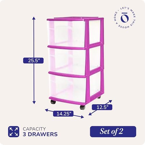 HOMZ 2-Pack Drawer Tower, 3-Tier Clear Plastic Storage Organizer Cart, Purple Frame - Organizing Containers with Wheels for Home, Bathroom, Bedroom, Office, and Classroom