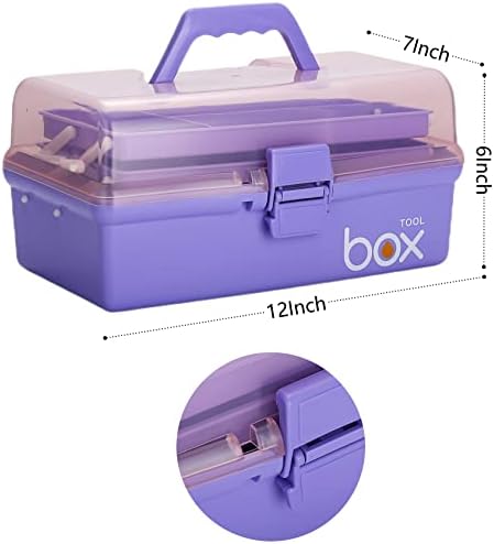 Kinsorcai 12'' Three-Layer Clear Plastic Storage Box/Tool Box, Multipurpose Organizer and Portable Handled Storage Case for Art Craft and Cosmetic (Purple)