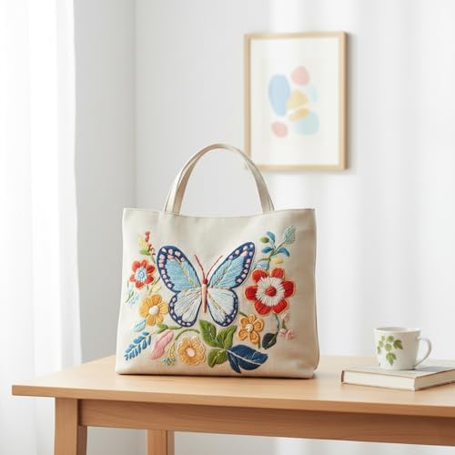 ARTopet Embroidery Tote Bag Kit for Beginners Butterfly Canvas Cross Stitch Handbag with Hoops Needles Threads Reusable Grocery Bag for Women-Butterfly03