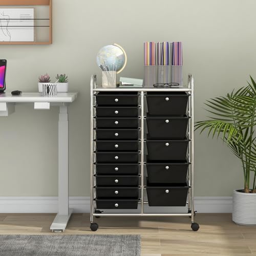 Giantex 15 Drawer Rolling Storage Cart Tools Scrapbook Paper Office School Organizer, Black