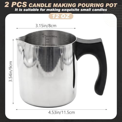 2 Pcs Wax Melting Pitcher 12oz 304 Stainless Steel Wax Pouring Pitcher Double Boiler Candle Making Pouring Pot with Heat-resistant Handle, Dripless Spout for Soy DIY