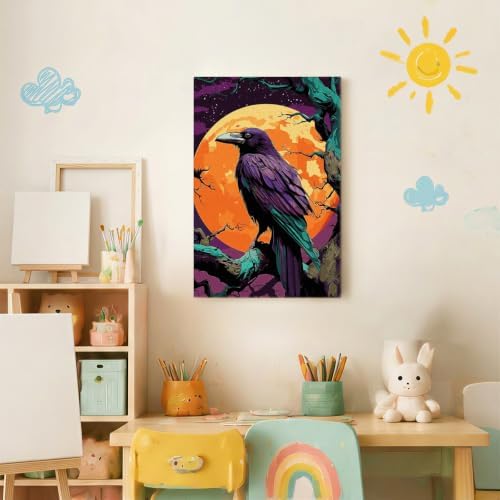 Spandrel Gothic Raven Paint by Number Kits for Adults, Halloween Paint by Number Kits on Canvas, DIY Acrylic Oil Full Moon Painting by Numbers Gitfs for Home Wall Decor, 8x12in