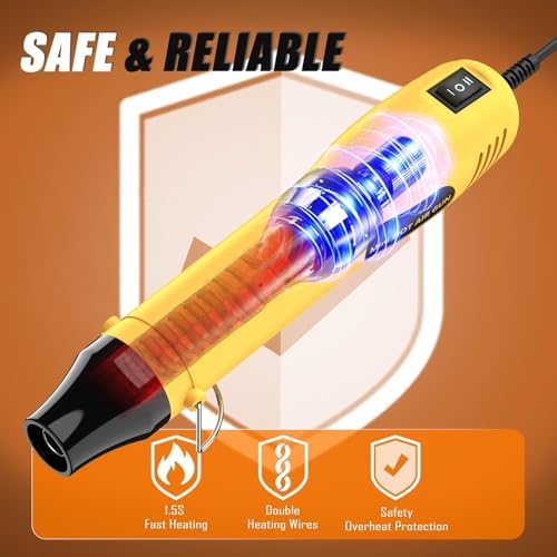 330W Mini Heat Gun, 250℃/350℃ Dual Temp Fast Heat Hot Air Gun with Overload Protection, Reflector Nozzle and Double Insulated 1.5m Cable for Heat Shrink Tubing, Crafts, Embossing (Yellow)