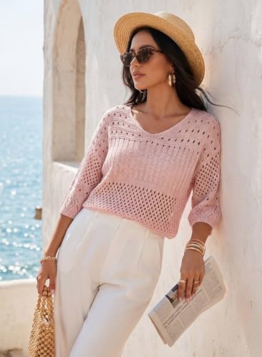 EVALESS Crochet Tops for Women Hollow Out Knit Sweaters