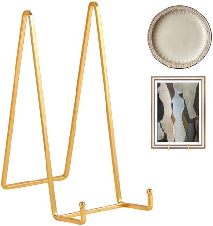Large Plate Holder Display Stand - 10 inch Tall Plate Stands for Display - Metal Picture Frame Stand - Big Tabletop Easel Stand for Decorative Plates | Platter | Book | Plaque | Tile - 2 Pack - Gold