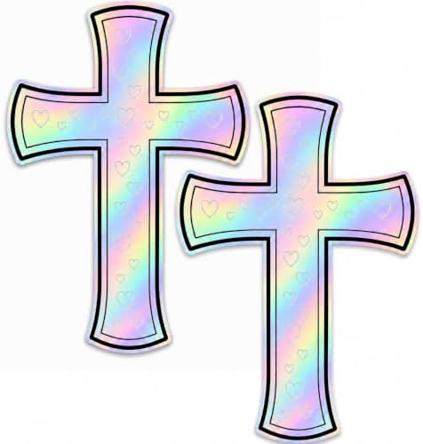 Christian Holographic Cross Car Decal, Hologram Heart, 2 Pack