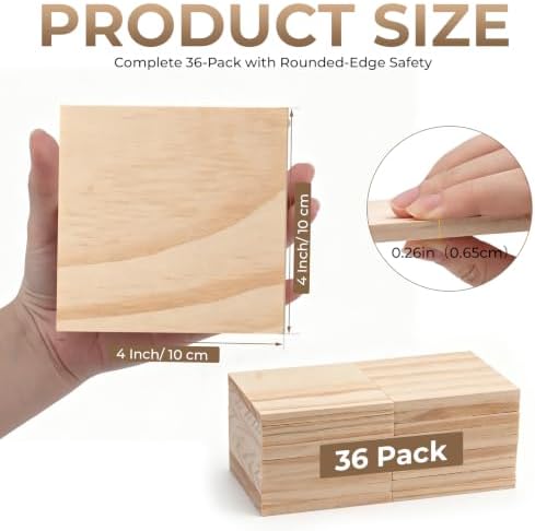 FSWCCK 36 Pcs 4x4 Wood Squares, Smooth Wooden Blanks for Laser Engraving