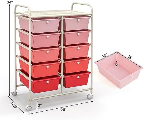 Giantex 10 Drawers Rolling Cart, Classroom Organizers, Storage Cart with Wheels, for Teacher Office Home School Supplies Tool Craft Art Paper, Pink Gradient