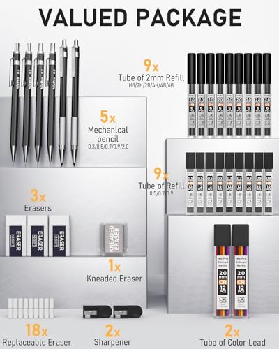 Nicpro 34PCS Black Art Mechanical Pencils Set, Metal Automatic Pencil 0.3, 0.5, 0.7, 0.9 mm & 2PCS 2mm Lead Holder (6B 4B 2B HB 2H 4H Colors) For Sketching Drawing With 19 Tube Lead Refills Case