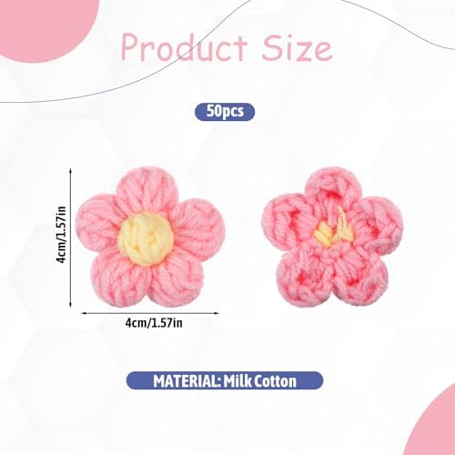50 Pcs Crochet Flowers Knitted Yarn Flowers Handmade Crochet Flower Cute Flower Sew/Iron On Patches, Beautiful Crocheted Floral, for Crafts Embellishments, Clothing, DIY Hair Headbands (14 Colors)