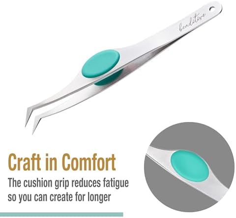 Beaditive High Precision Angled Tip Tweezers with Cushion Grip - 4.7" Craft Tweezers for Sewing, Beading & DIY Crafts - Non-Serrated Jewelry Tweezers with Fine Angled Tips - Stainless Steel (Teal)
