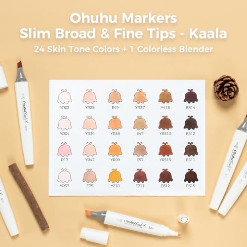 Ohuhu Alcohol Markers 24 Skin Colors Slim Broad& Fine for Portrait Coloring