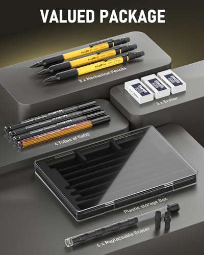 Nicpro 3 PCS 1.3 mm Mechanical Pencil Set with 48 Lead Refills, 3 Eraser