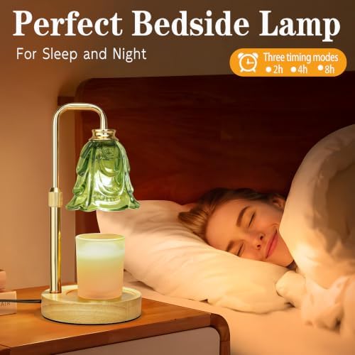 XJZJY Green Glass Flower Candle Warmer Lamp with Timer, Modern Home Decor | Dimmable wax melt warmer with 2 bulbs for jar candles, height adjustable, Green tulip design, home decor, housewarming gifts