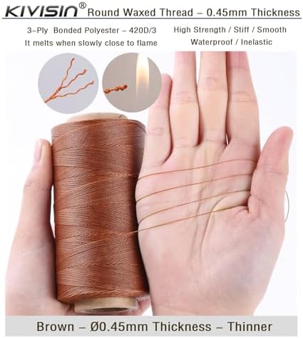 Thin Wax Polyester Thread, 0.45mm, 547 Yards, 3 Ply Round Waxed Cord Strings for Sewing, Beading, Binding, Micro Braiding, Fine Leather Craft and Micro Macrame Jewelry - Brown
