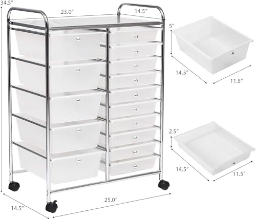 LDAILY 15 Drawer Rolling Storage Cart, Rolling Cart with Drawers for Classroom, Art Supply Craft Organizer on Wheel with Metal Frame & Handles for Home Office School