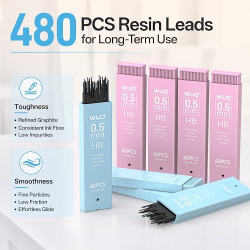 WUO 5PCS 0.5mm Cute Mechanical Pencil Set, 480PCS HB Leads, 4B Erasers
