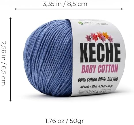 Keche Baby Cotton, 60% Cotton 40% Acrylic Yarn, Soft Cotton Yarn for Crochet and Knitting, Amigurumi Yarn 1 Skein/Ball 1.76 Oz (50g) / 180 Yrds (165m) - Denim Blue