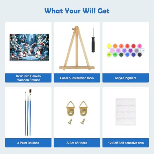 MOGTAA Christmas Paint by Numbers Kit for Adults Beginners with Frame, Snowman Adult Paint by Number Kits on Canvas with Easel, Easy DIY Xmas Winter Oil Painting Kits for Home Decor, 8x12in