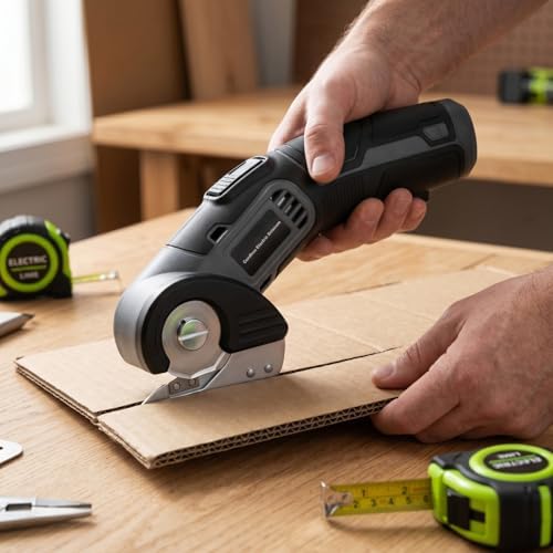 4V Cordless Electric Scissors, Lightweight Rotary Cutter with 2 Blades & USB Charging, for Cardboard Fabric Leather Carpet Plastic Rope Cutting, Safety Lock for Home DIY Craft Use