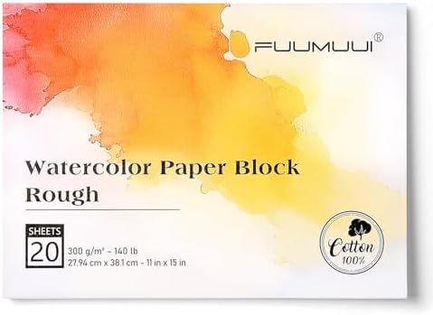 Fuumuui 11×15 Watercolor Paper Block, Textured Rough 100% Cotton Watercolor Paper, 140lb/300gsm, 20 Sheets, Acid-Free, Art Paper for Painting & Drawing, Wet, Mixed Media, Rough Grain