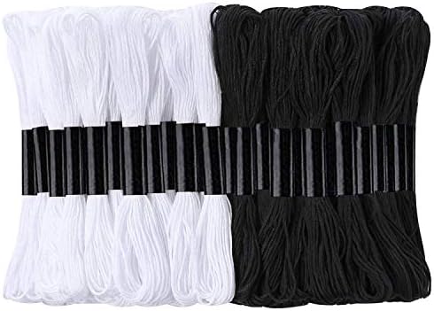 24 Skeins Cross Stitch Threads, Black and White Cotton Embroidery Floss Friendship Bracelets Floss with 12 Pieces Floss Bobbins for Knitting, Cross Stitch Project