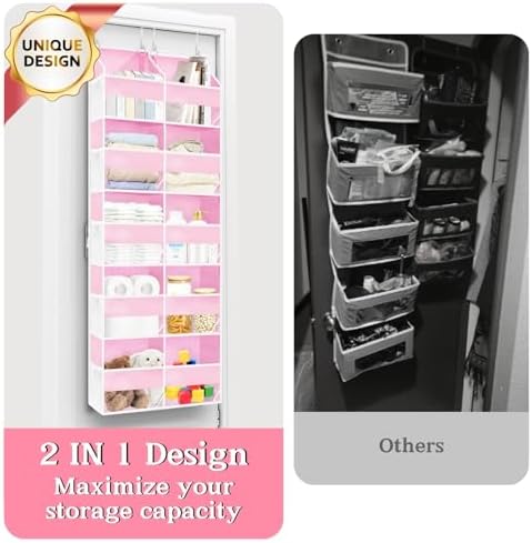 Ofiray-home Pink Over The Door Organizer 5 Tiers, Extra Large Behind Door Storage of 10 Compartments, 50 lbs Weight Capacity Over The Door Storage for Closet, Diaper Organizer
