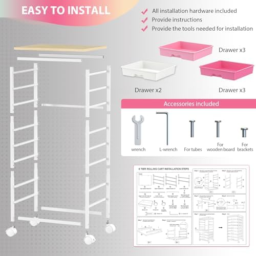 Goovilla Rolling Cart with 8 Drawers for Art, Dorm, Office, Craft, Pink