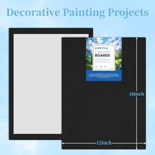 HANSILK 6 Pack Black Canvas for Painting 12x16 Inch, 100% Cotton Pre-Primed Black Canvas Boards & Panels, Blank Professional Art Canvases for Acrylic and Oil Painting, Art Supplies for Artists Adults