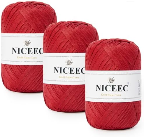 NICEEC 3 Skeins Kraft Paper Yarn 474yds/5.3oz - Red