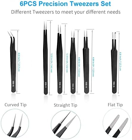 YHYZ 6pcs Precision Tweezers Set, Premium Anti-Static Stainless Steel ESD Tweezers Set Kit for Electronics, Sodlering，Jewelry, Craft, Laboratory Work, DIY