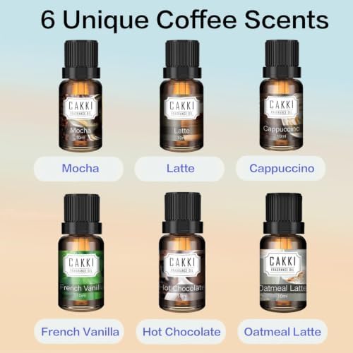 Coffee Essential Oils Set for Diffuser, 6 x10ml, Cakki Fragrance Oils Gift Set with Mocha, Latte, Cappuccino, Hot Chocolate, Vanilla, Oatmeal Latte. for Candle Making