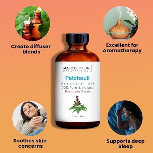 Majestic Pure Patchouli Essential Oil for Diffuser - 1 Fl Oz | 100% Pure and Natural Essentials Oils for Aromatherapy, Massage, Fragrance, Soap and Candle Making, Patchouli Oil