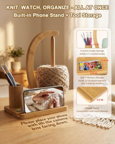 SPEENSUN Magnetic Bamboo Yarn Holder with Phone Stand, Natural