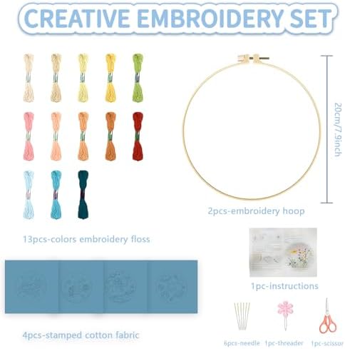 FREEBLOSS 4 Set Embroidery Kit for Beginners Adult Astronaut Stamped Embroidery Starter Kit with Instructions Needlepoint Accessories and Supplies for Stitch Craft, 2 Hoops 20cm/7.9inch