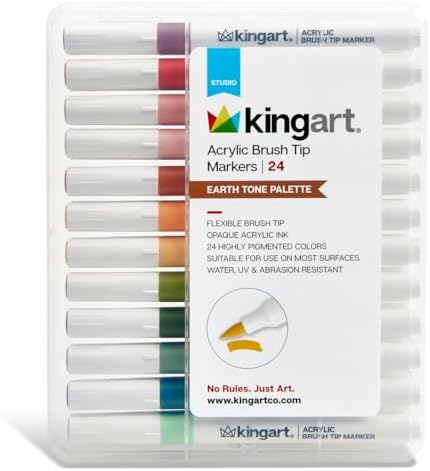 KINGART 24-Piece Earth Tone Acrylic Paint Brush Tip Marker Set – Flexible Fiber Brush Tips – Smooth Opaque Water-Based Ink for Nature Illustration and DIY Crafts – 24 Unique Earth Tone Colors