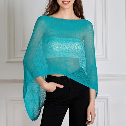 Women Sheer Knit Poncho Top Beach Cover Up Lightweight Crochet Shrug Y2k Summer See Through Shawl