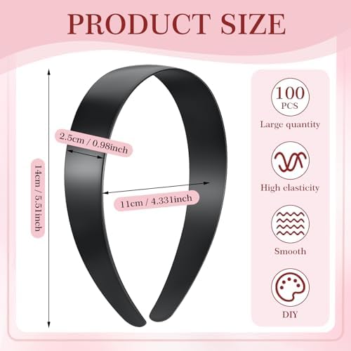 Hotop Plastic Headbands Bulk No Teeth Plain for Women,1 Inch Wide,Black