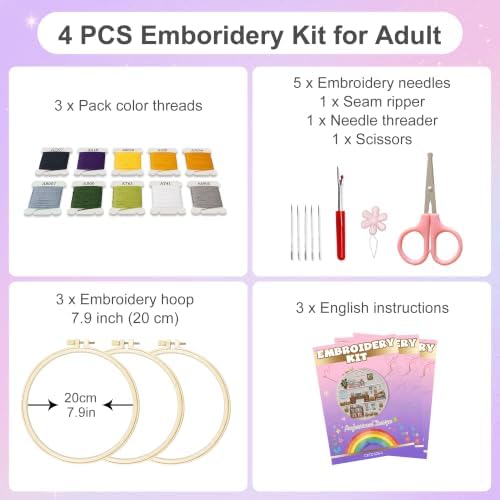 Huacan Embroidery Kit for Adults Beginners with 3 Hoops & Gift Box