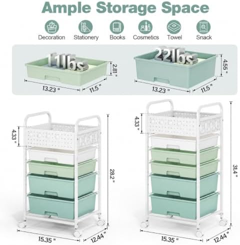 4 Drawer Rolling Storage Cart with Pegboard Top and Hooks, Gradient Green