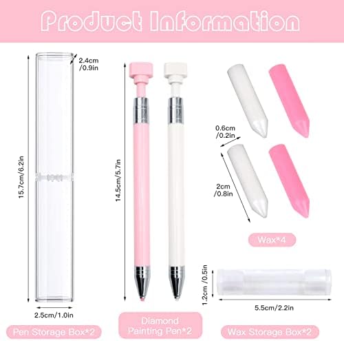 ZYNERY 2 Pcs Diamond Painting Pens with Wax, Refillable Wax Pen, Rotating Glue Point Drill Pen for Nail Art Rhinestones, Diamond Art Accessories and Tools, Quickly Pick Up Beads Gems (Pink, White)