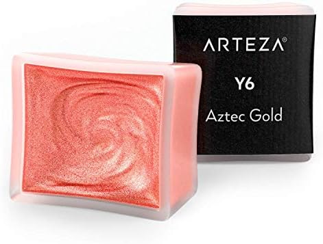 Arteza Metallic Watercolor Paint, Aztec Gold A705, Set of 2 Half Pans, Pearl Paint, Vibrant and Pearlescent Hues, For Illustrations, Calligraphy, Painting