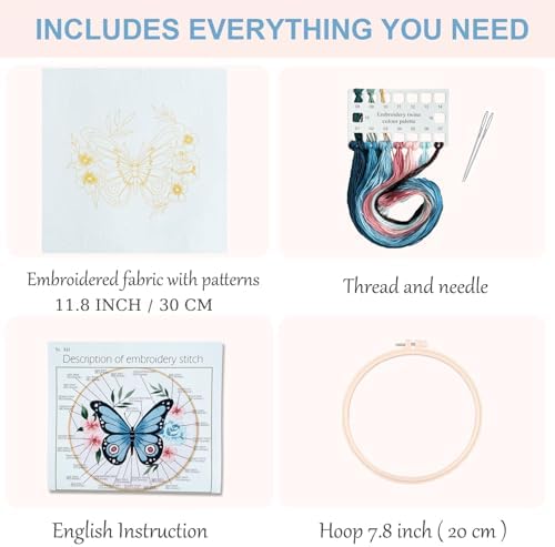 Silentsea Blue Butterfly Embroidery Kit for Beginners – Complete DIY Stitching Craft Set with Pre-Printed Fabric, Hoop, Threads & Video Tutorial – Ideal for Home Decor & Handmade Gifts
