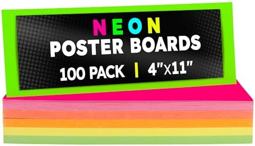 Hygloss Small Poster Board 4x11 - 100 Assorted Neon Color Bulk Pack - 10 Pt. Thickness Colored Poster Board Paper for Projects, Flash Cards, Signs - Posterboard Multipack 4" x 11"