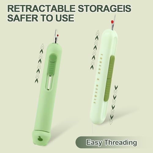 Automatic Needle Threaders Seam Ripper, Upgraded 3 in 1 Sewing Needle Threader Tool, 2Pcs Stretchable Quick Seam Rippers with Needle Storage for Hand Quilling, Embroidery Stitch Removal(Green)