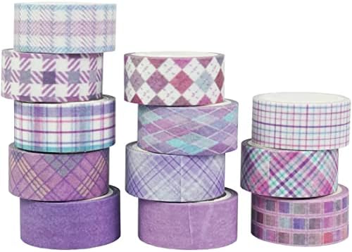 Basic Grid Washi Tape Set 12 Rolls Plaid Decorative Masking Tapes for Arts, DIY Crafts, Journals, Planners, Scrapbook, Wrapping (Purple)